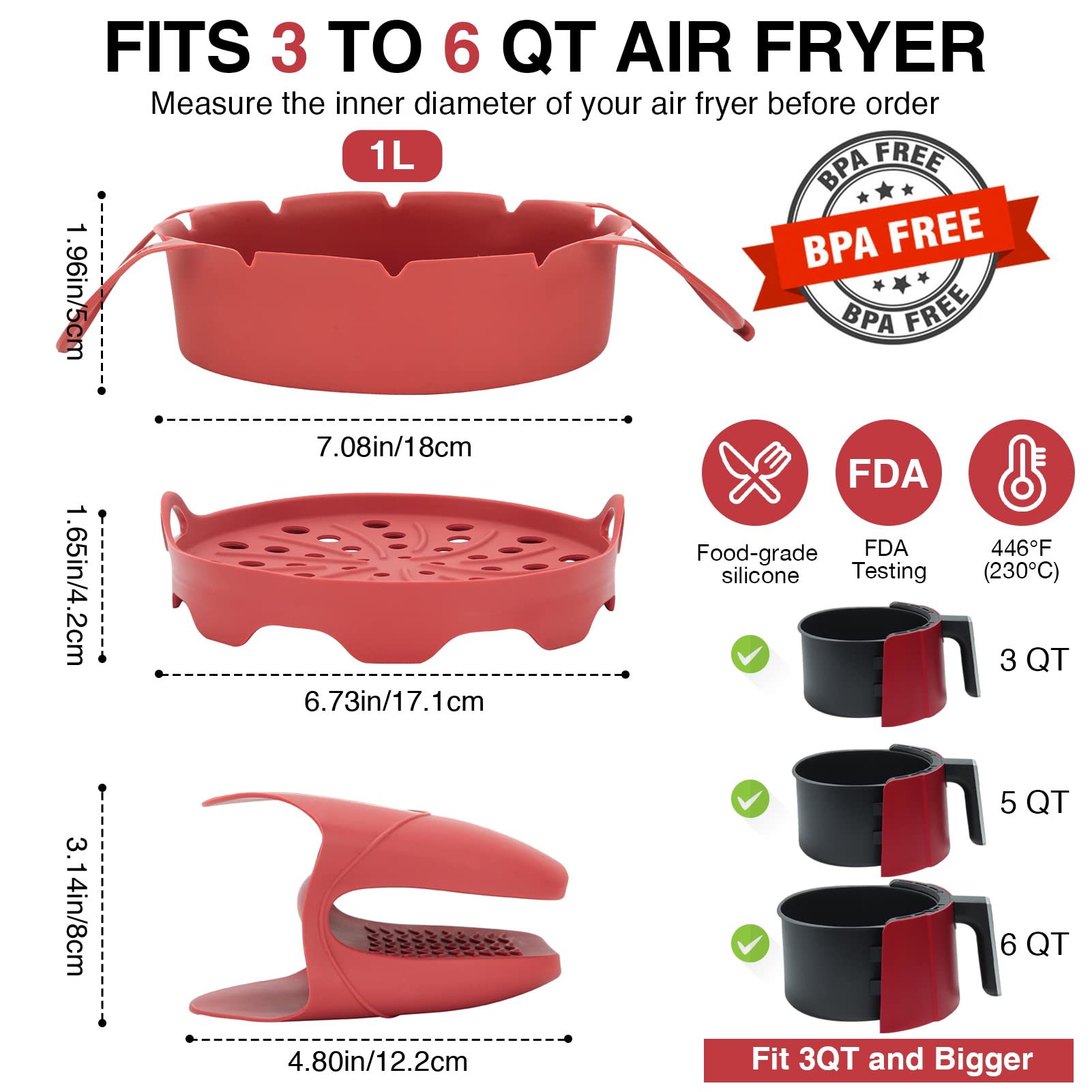 PRANAHEART Airfryer Liner Set for 3-6QT - FDA Tested, Non-Toxic & Eco-Friendly Silicone Solution Against Greasy Air Fryer Liners