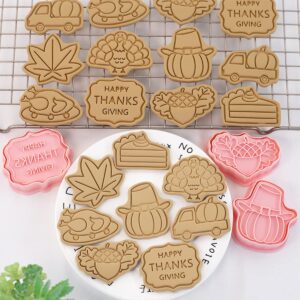 Pink PP Material Thanksgiving Day Cookie Cutters, 8 Pcs Theme Set Embossing Dies and Plunger Dies for Fondant Cookies Pastry Cheese Baking(Grateful)