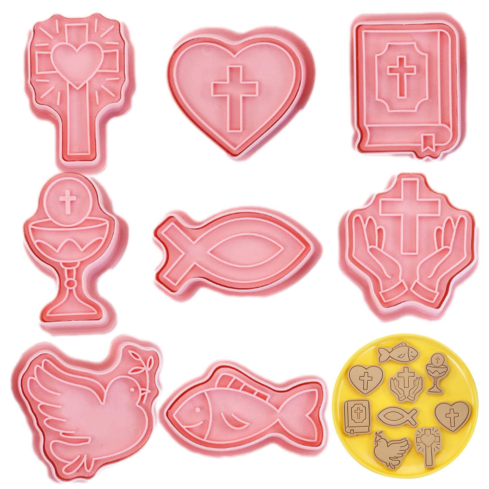 Kumprohu Christian Cookie Cutters,First Communion Christening Biscuit Molds - Chalice, Jesus Fish, Holy Cross, , Fancy Cross Biscuit Cutters for First Communion