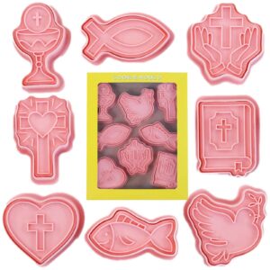 Kumprohu Christian Cookie Cutters,First Communion Christening Biscuit Molds - Chalice, Jesus Fish, Holy Cross, , Fancy Cross Biscuit Cutters for First Communion