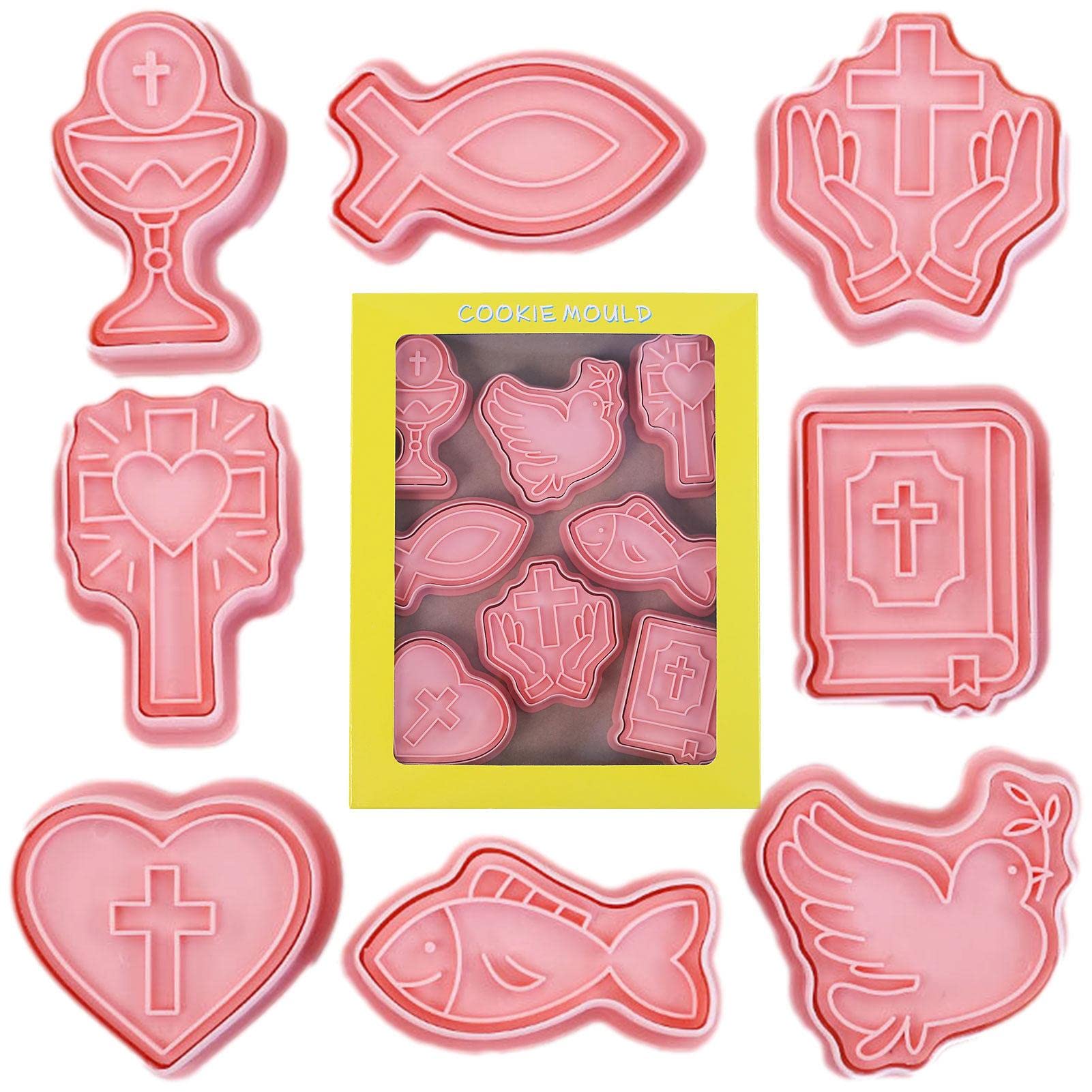 Kumprohu Christian Cookie Cutters,First Communion Christening Biscuit Molds - Chalice, Jesus Fish, Holy Cross, , Fancy Cross Biscuit Cutters for First Communion