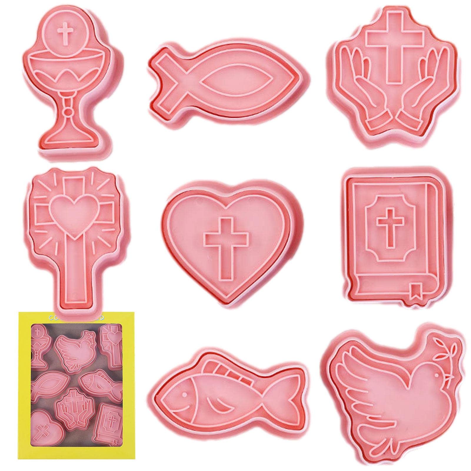 Kumprohu Christian Cookie Cutters,First Communion Christening Biscuit Molds - Chalice, Jesus Fish, Holy Cross, , Fancy Cross Biscuit Cutters for First Communion