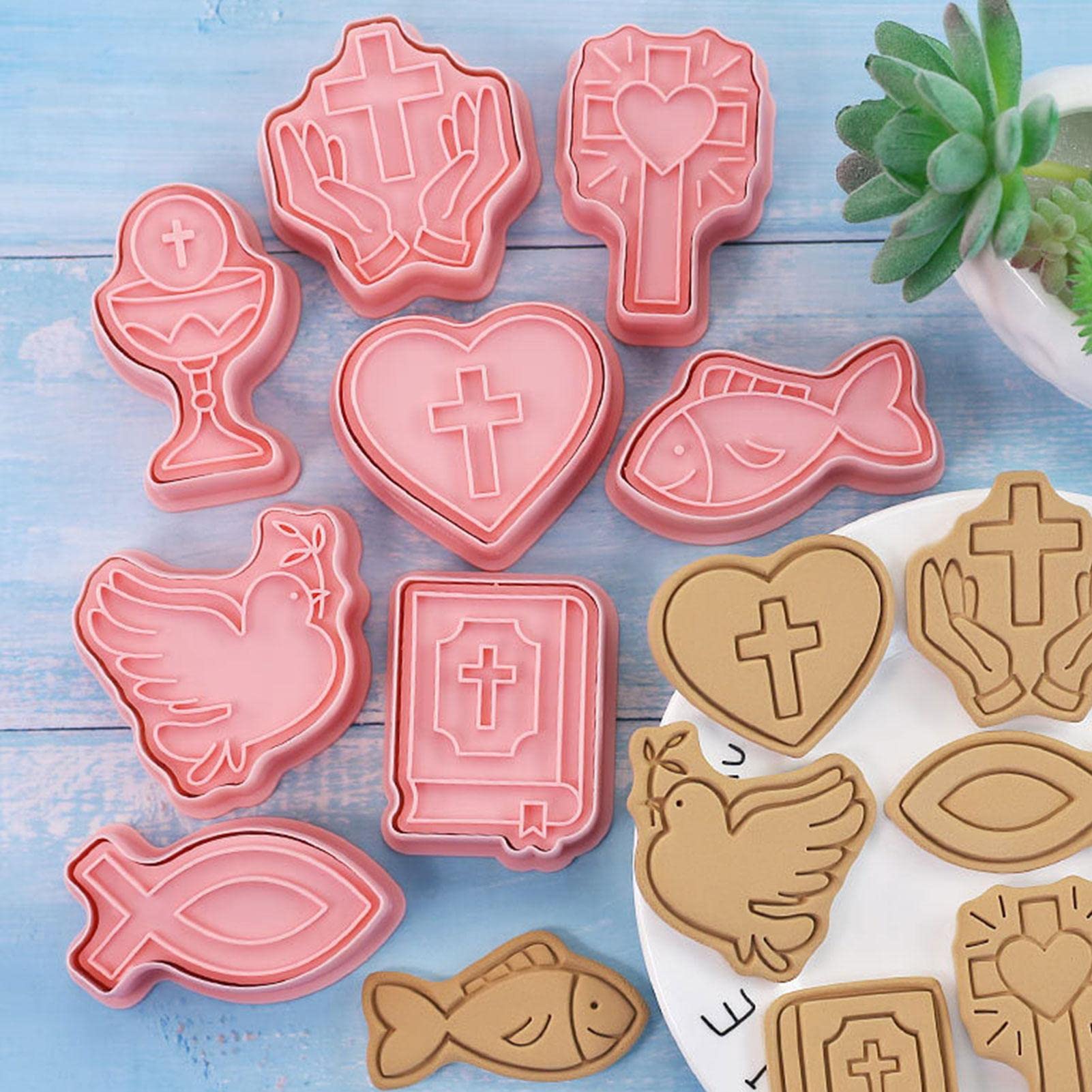 Kumprohu Christian Cookie Cutters,First Communion Christening Biscuit Molds - Chalice, Jesus Fish, Holy Cross, , Fancy Cross Biscuit Cutters for First Communion