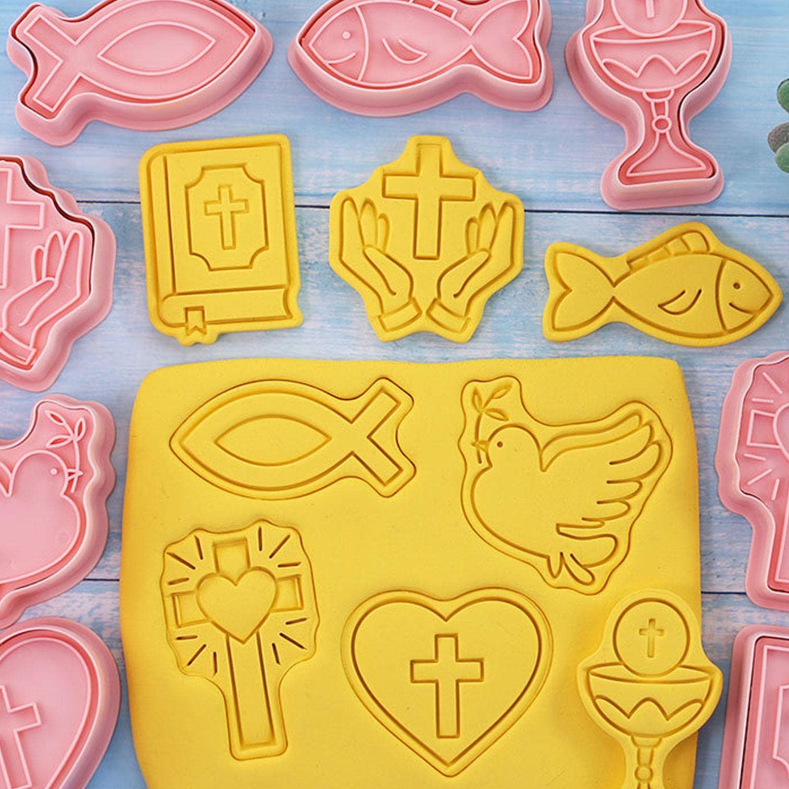 Kumprohu Christian Cookie Cutters,First Communion Christening Biscuit Molds - Chalice, Jesus Fish, Holy Cross, , Fancy Cross Biscuit Cutters for First Communion