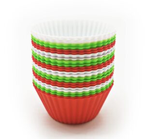 silicone cupcake baking cups - 24 pieces reusable, muffin liners, white, red and green, bpa free, dishwasher safe myfurtive baking cups, 100% food grade premium silicone