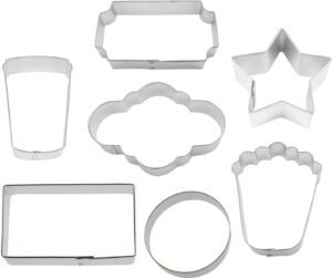 hollywood movie theater cookie cutter 7 piece set from the cookie cutter shop - movie reel, star, ticket, popcorn, soda cup, chocolate bar/box of candy cookie cutters – tin plated steel cookie cutters