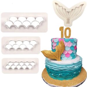 4pcs/set mermaid tail silicone fondant mold & scale fondant cutter, fish scales pattern geometric embossing biscuit cookie cutter diy mermaid birthday party cake decorating supplies