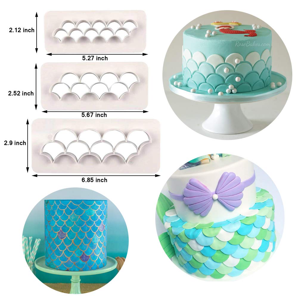 4Pcs/Set Mermaid Tail Silicone Fondant Mold & Scale Fondant Cutter, Fish Scales Pattern Geometric Embossing Biscuit Cookie Cutter DIY Mermaid Birthday Party Cake Decorating Supplies