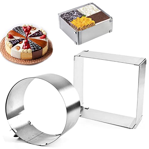 CdyBox 6 to 12 Inch Adjustable Mousse Cake Molds Round and Square Cake Ring Set Tool Stainless Steel Cake Ring 2 Pieces