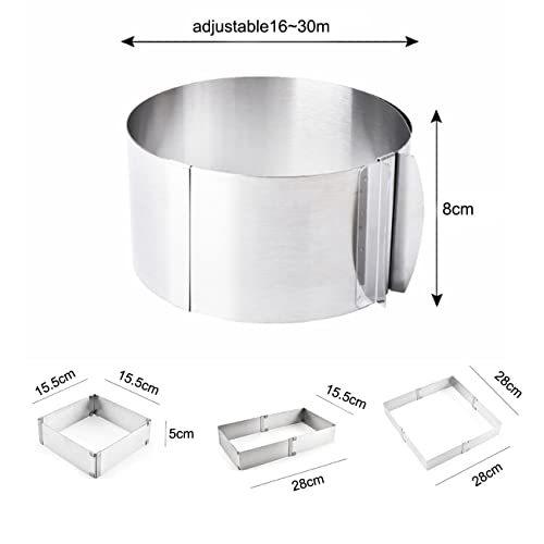 CdyBox 6 to 12 Inch Adjustable Mousse Cake Molds Round and Square Cake Ring Set Tool Stainless Steel Cake Ring 2 Pieces