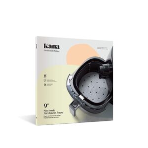 kana premium perforated parchment air fryer paper liners - 100 eco-friendly pack - for bamboo steamer, steaming basket, rice, dim sum (9 inch)