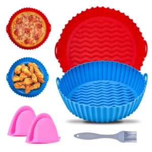 2 pcs silicone air fryer liners, 7.5 in food safe air fryer silicone pot, air fryer liners reusable replacement of parchment paper liners, oven air fryer accessories with mitts oil brush for 3 to 5 qt