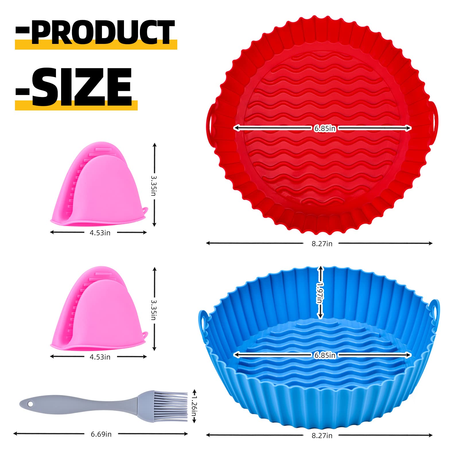 2 Pcs Silicone Air Fryer Liners, 7.5 In Food Safe Air Fryer Silicone Pot, Air Fryer Liners Reusable Replacement of Parchment Paper Liners, Oven Air Fryer Accessories with Mitts Oil Brush for 3 to 5 QT