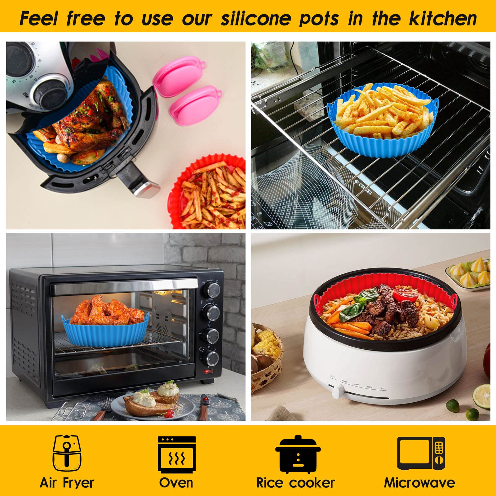 2 Pcs Silicone Air Fryer Liners, 7.5 In Food Safe Air Fryer Silicone Pot, Air Fryer Liners Reusable Replacement of Parchment Paper Liners, Oven Air Fryer Accessories with Mitts Oil Brush for 3 to 5 QT