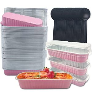 oyel mini cake pans with lids 50 pack, 6.8oz disposable rectangle aluminum foil baking pans,aluminum foil long baking cups,cake liners,used for cake bakery wedding birthday family party - pink