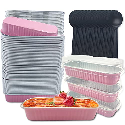 OYEL Mini Cake Pans With Lids 50 Pack, 6.8oz Disposable Rectangle Aluminum Foil Baking Pans,Aluminum Foil Long Baking Cups,cake Liners,Used for Cake Bakery Wedding Birthday Family Party - Pink