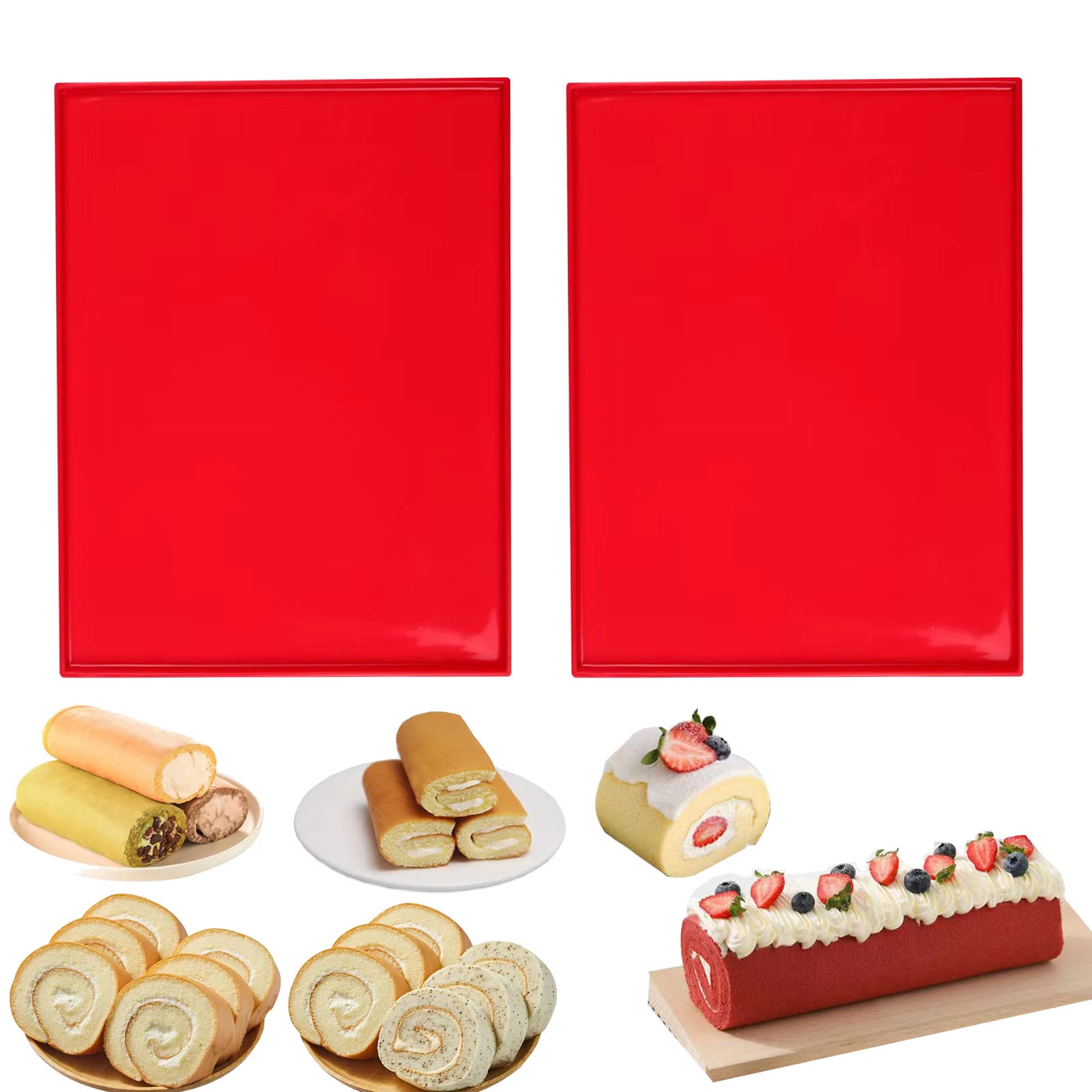 HLCM Silicone Swiss Roll Cake Mat - 2Pcs Silicone Baking Mat, Jelly Roll Pan, Non-Stick Silicone Mat with Lip, Easy to Clean Silicone Pastry Mat, Great for Swiss Roll, Pastry, Jelly, Cookies (Red)