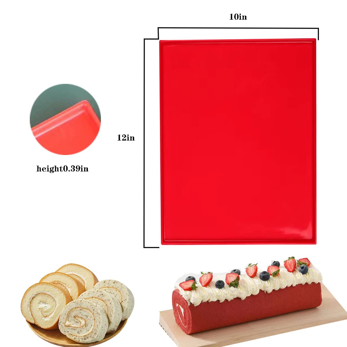 HLCM Silicone Swiss Roll Cake Mat - 2Pcs Silicone Baking Mat, Jelly Roll Pan, Non-Stick Silicone Mat with Lip, Easy to Clean Silicone Pastry Mat, Great for Swiss Roll, Pastry, Jelly, Cookies (Red)