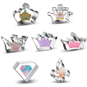 crown cookie cutters shapes set of 7 - stainless steel metal king crown, queen crown, prince crown, princess crown, diamond, iris cookie cutter biscuit fondant mold for birthday wedding valentine day