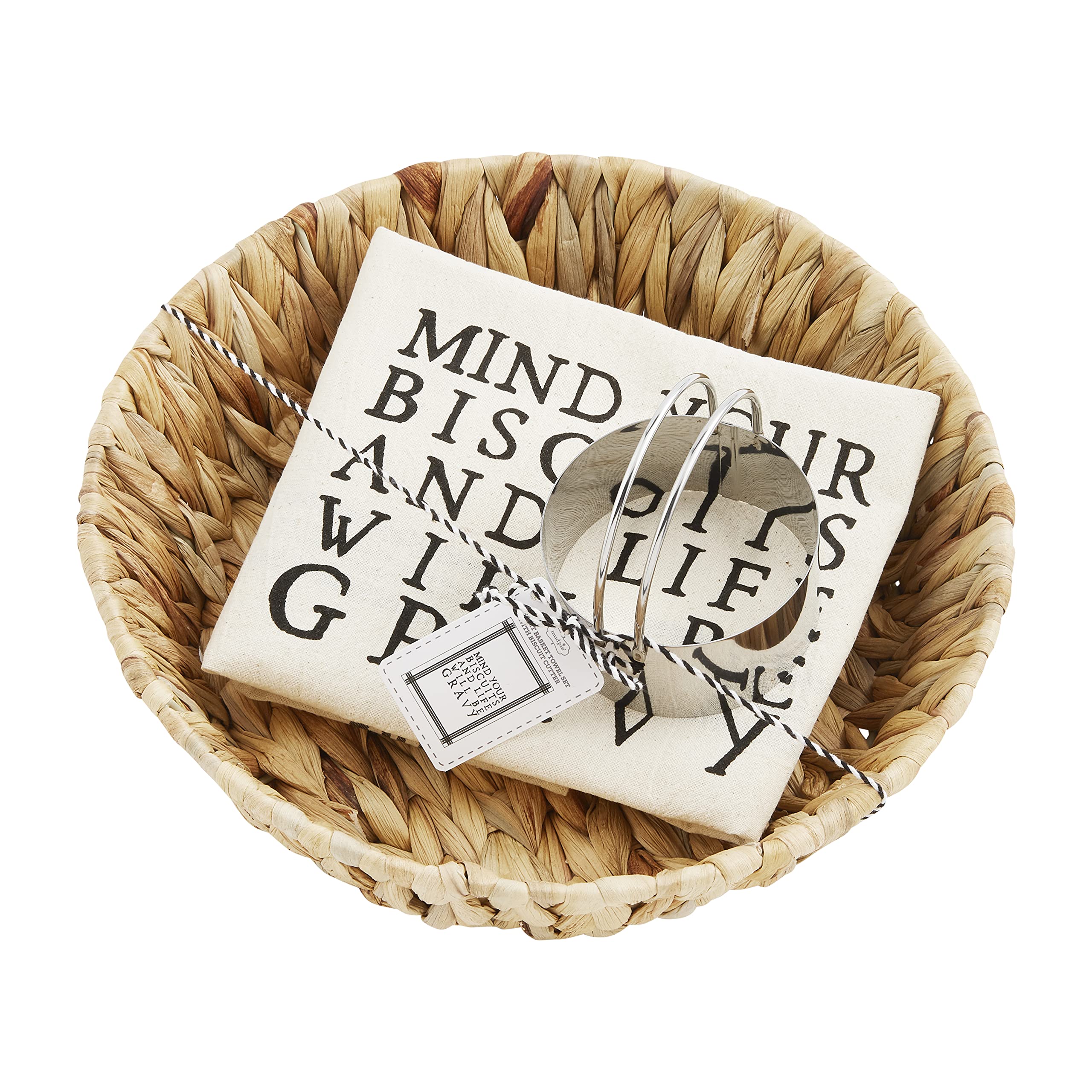 Mud Pie Biscuit Basket and Cutter Set, basket 2 1/2" x 11" dia | towel 26" x 16 1/2" | cutter 4" x 3" dia