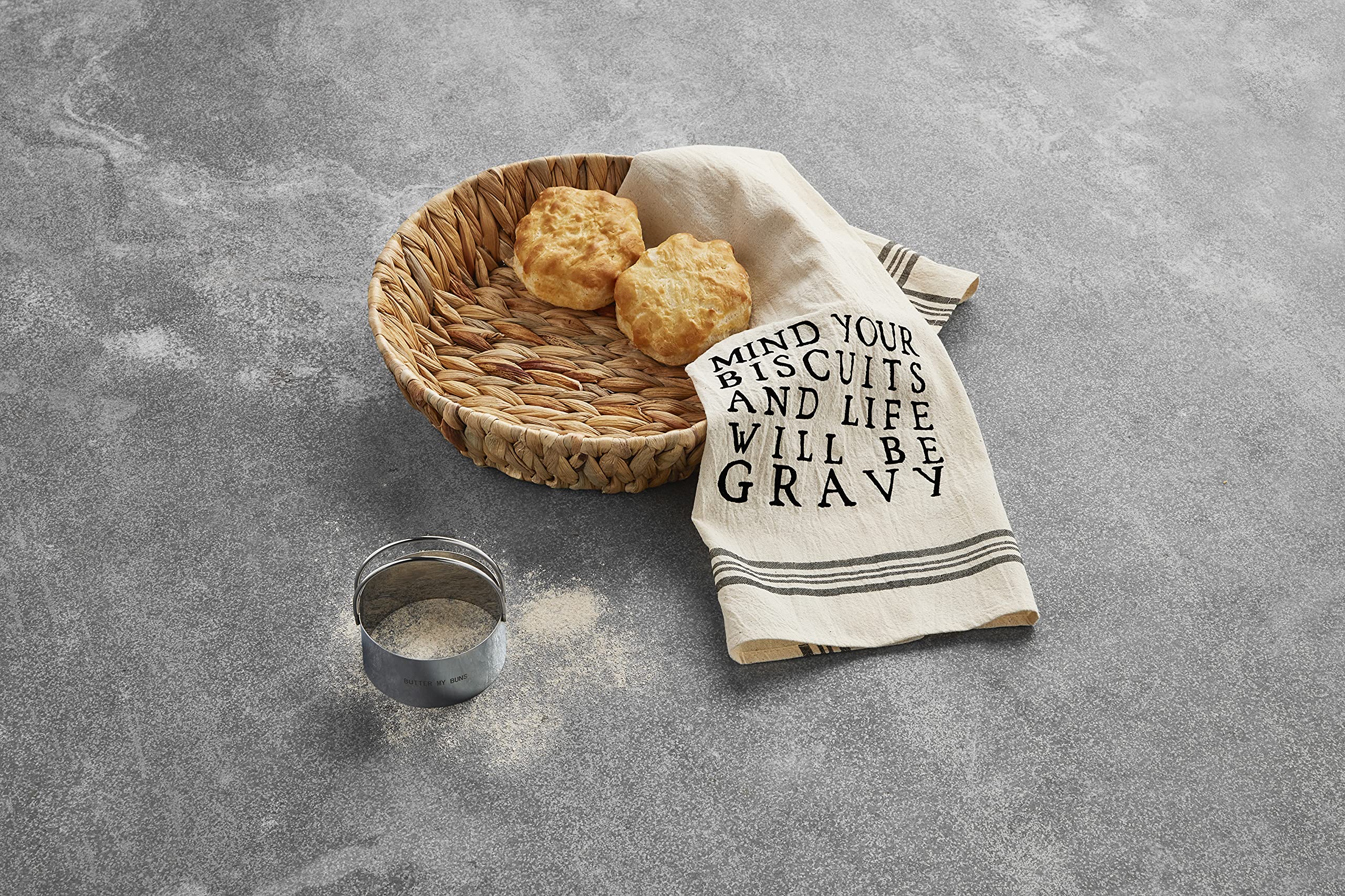 Mud Pie Biscuit Basket and Cutter Set, basket 2 1/2" x 11" dia | towel 26" x 16 1/2" | cutter 4" x 3" dia