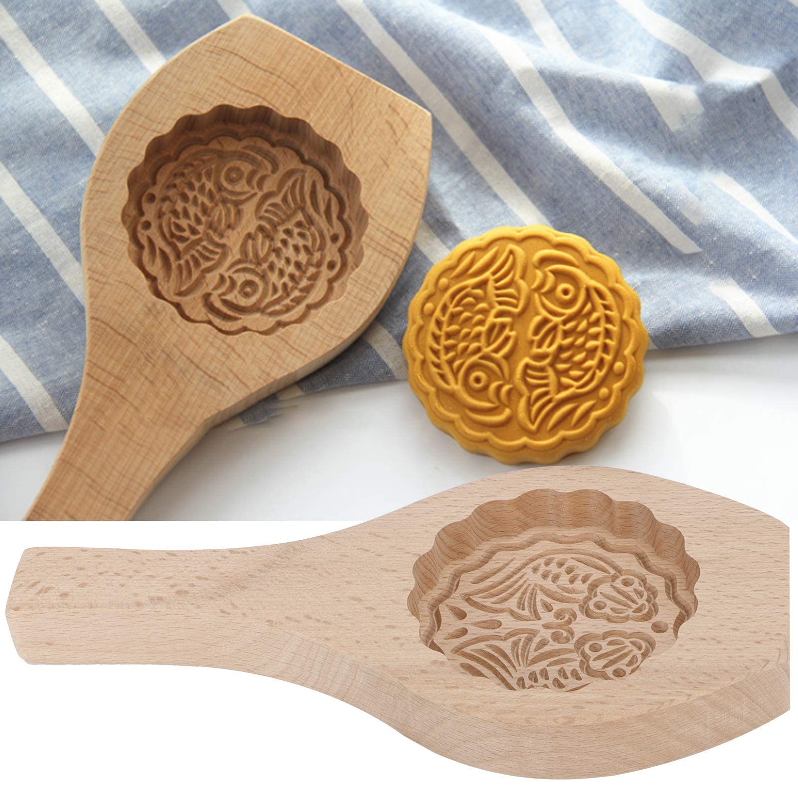 Wood Cookie Model Mooncake Biscuit Model, Festival Hand-Pressure Moon Cake Model with 3D Flower Pattern Eco-Environmental Baking Decoration Tools for Biscuit Chocolate Pumpkin Pie(Fish Pattern)