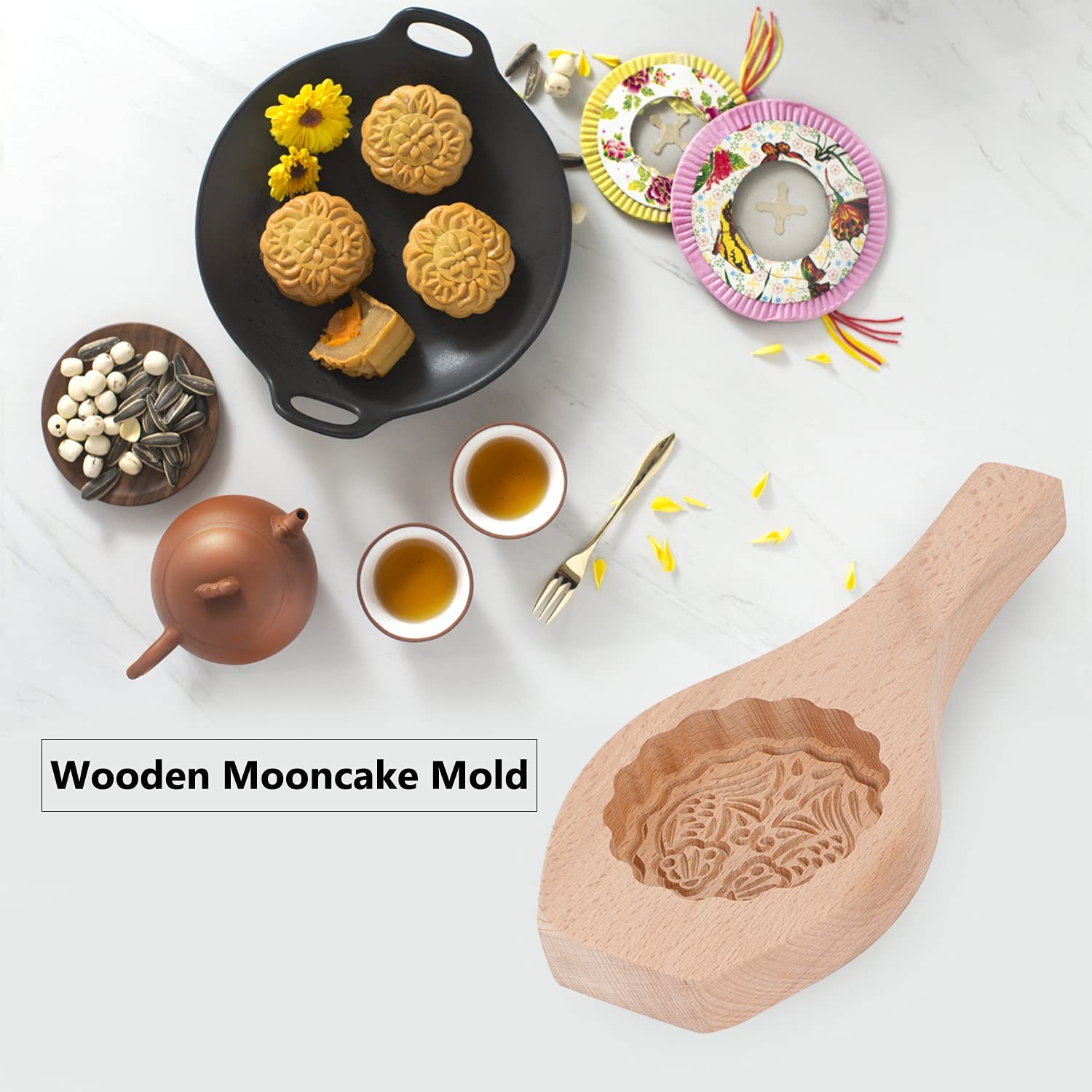 Wood Cookie Model Mooncake Biscuit Model, Festival Hand-Pressure Moon Cake Model with 3D Flower Pattern Eco-Environmental Baking Decoration Tools for Biscuit Chocolate Pumpkin Pie(Fish Pattern)