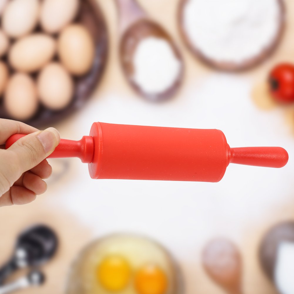 Non-Stick Silicone Rolling Pin Dough Rollers for Baking and Rolling Dough with Wooden Handle for Home Kitchen Children Cake 9 Inch(Red)