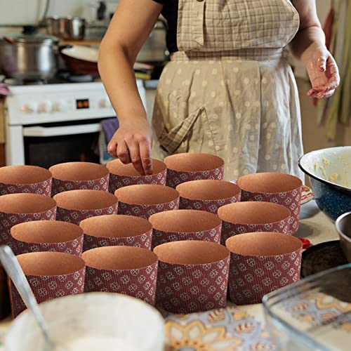 Nuanchu 12 Pieces Panettone Paper Mold Easter Bread Paper Mold Round Brown Panettone Pan Baking Cups Easter Bread Forms for Muffin Cake Bread Loaf, 4.92 x 3.54 Inch(Brown, Flower)