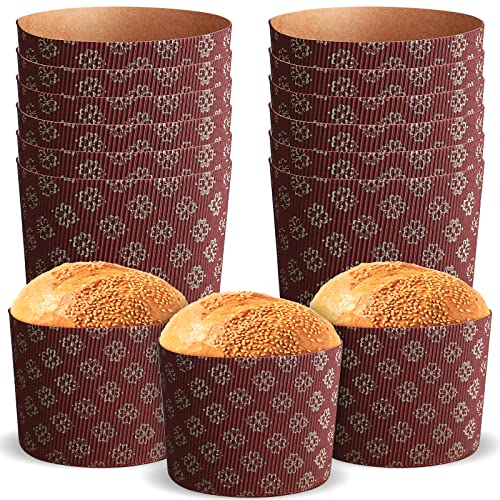 Nuanchu 12 Pieces Panettone Paper Mold Easter Bread Paper Mold Round Brown Panettone Pan Baking Cups Easter Bread Forms for Muffin Cake Bread Loaf, 4.92 x 3.54 Inch(Brown, Flower)