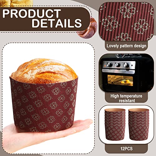 Nuanchu 12 Pieces Panettone Paper Mold Easter Bread Paper Mold Round Brown Panettone Pan Baking Cups Easter Bread Forms for Muffin Cake Bread Loaf, 4.92 x 3.54 Inch(Brown, Flower)