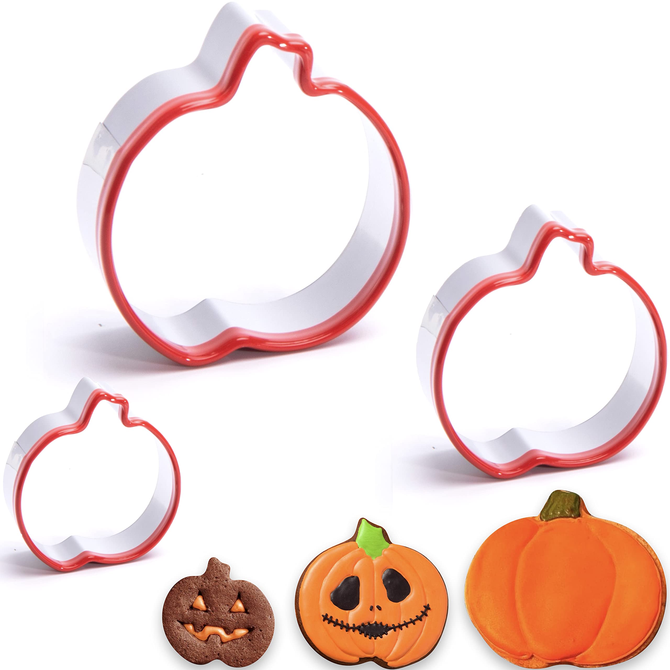 3Pcs Pumpkin Cookie Cutters 2.7" 3.3" 4", Halloween Cookie Cutter, Fall Thanksgiving Cookie Cutters, Biscuit Cutter Set, Coated with Soft PVC for Protection