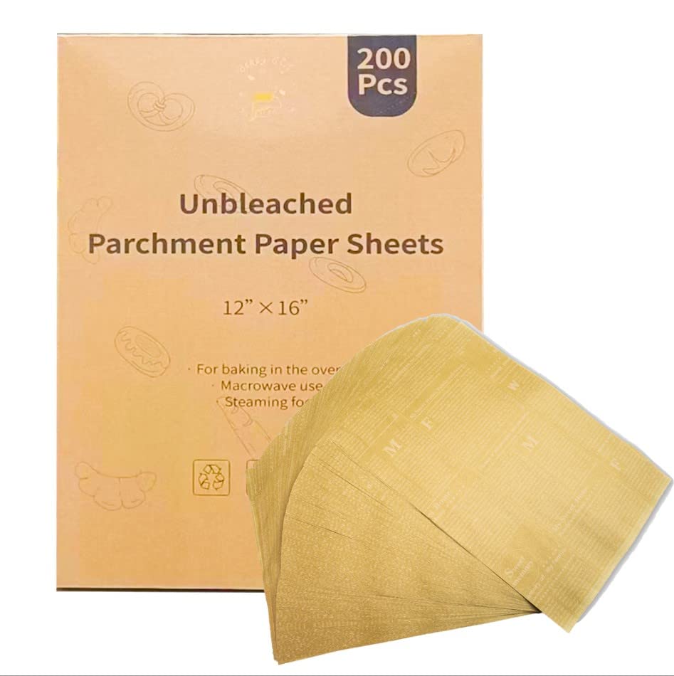 Bekeygirl Printed 200sheets/box 12x16 parchment sheets baking, Non-stick Unbleached precut parchment paper sheet For Baking, Cooking, Bread Cup Cake Cookie and More (Unbleached)