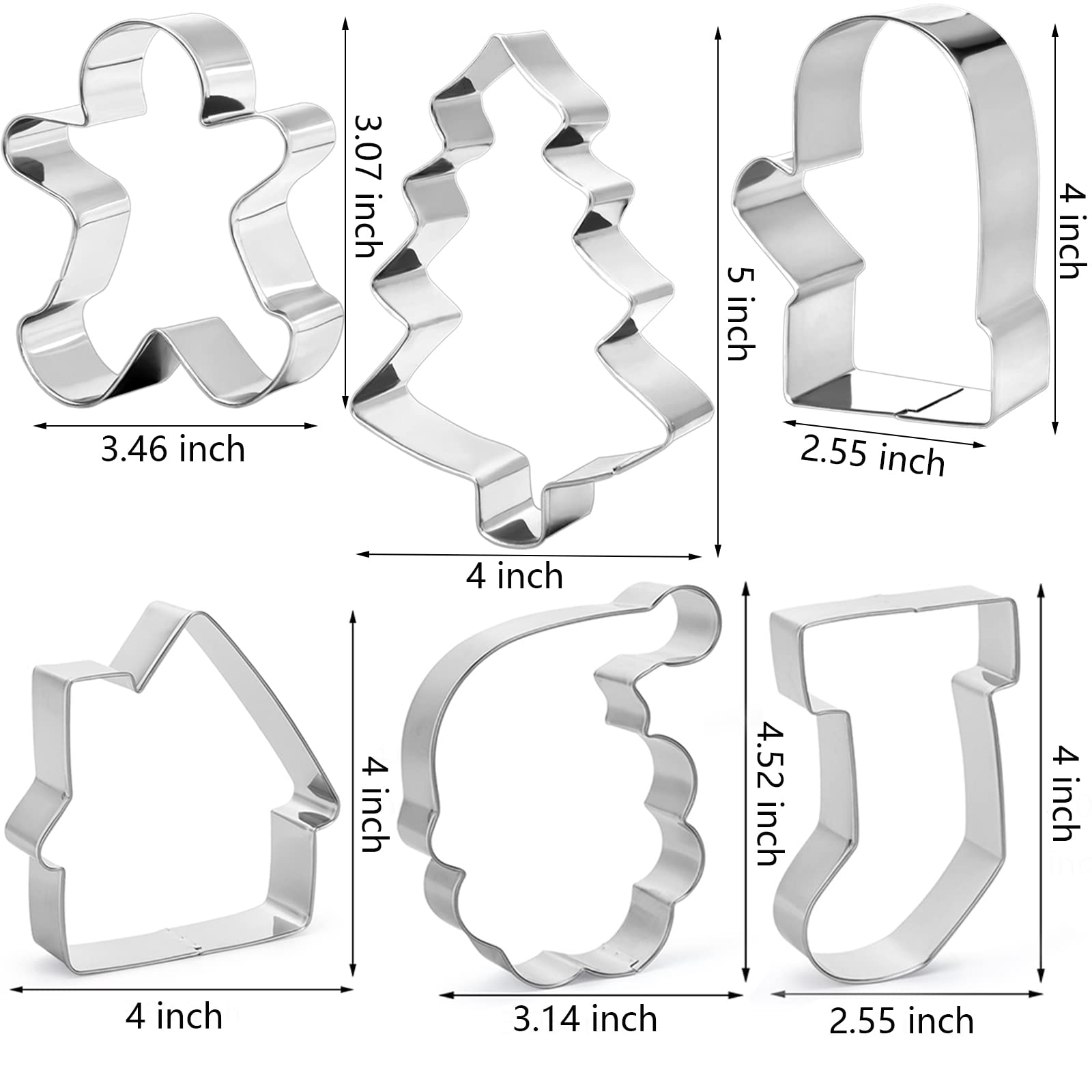 Christmas Cookie Cutters,6 Pcs Large Size Santa Face,Christmas Sock,Glove,Tree,Gingerbread Men,House Shapes Stainless Steel Molds for Cakes,Biscuits,Sandwiches,fondant and Pancakes