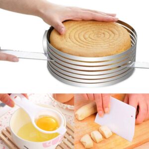 layered slicer cake ring set, gdgy 6-8 inch stainless steel circular baking tool kit set mousse mould slicing include 1pc egg white separator and 1pc cake edge smoother scraper cutter