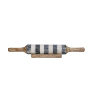 bloomingville striped marble rolling pin with wood stand, natural, black, and white kitchen utility
