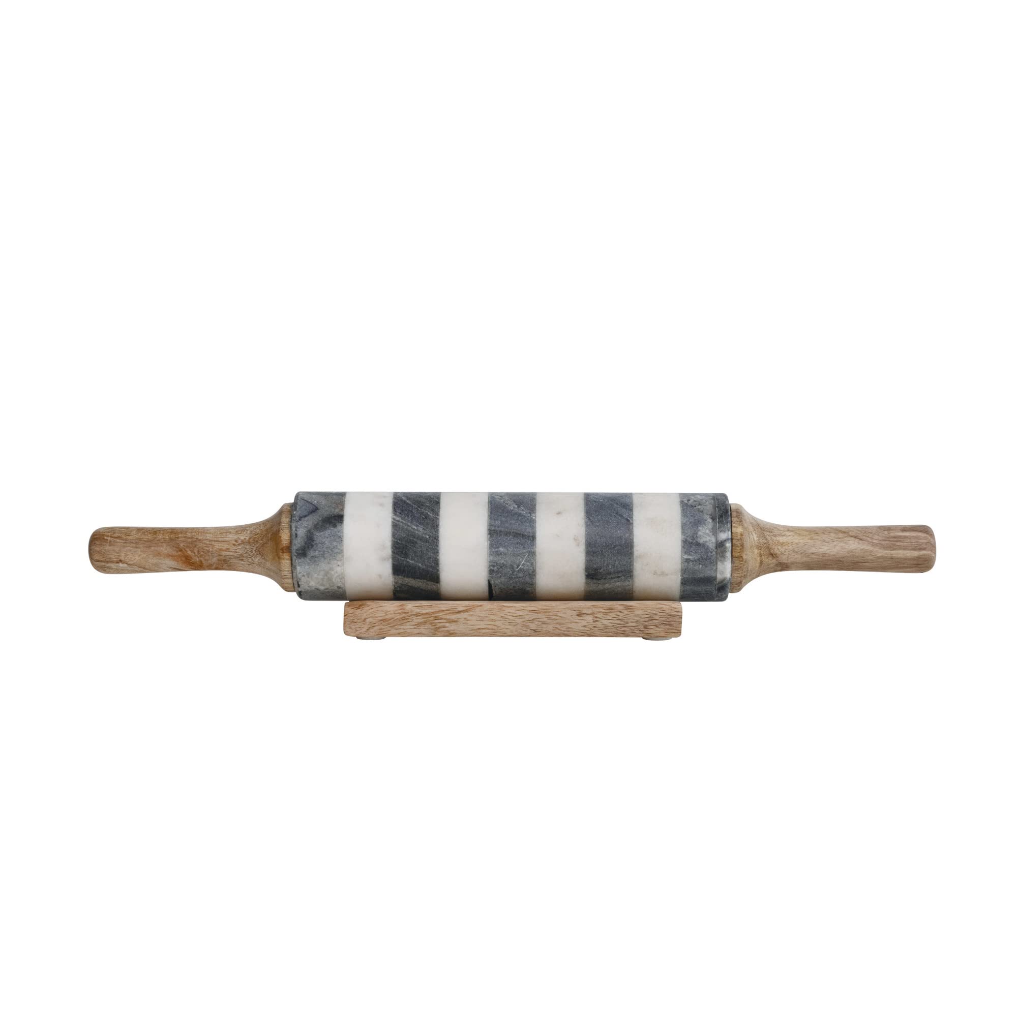 Bloomingville Striped Marble Rolling Pin with Wood Stand, Natural, Black, and White Kitchen Utility