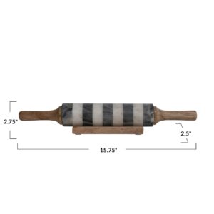 Bloomingville Striped Marble Rolling Pin with Wood Stand, Natural, Black, and White Kitchen Utility