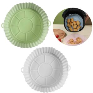 2 pack air fryer silicone pot, 7 inch reusable round air fryer silicone liners, replacement of parchment paper liners air fryer accessories, food safe baking pans for microwave, oven(white, green)