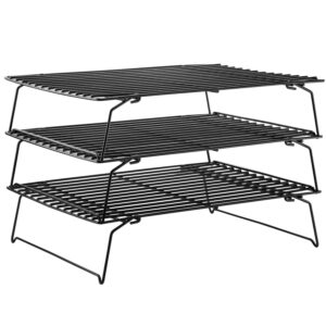 chefmade baking and cooling rack set, 13.5-inch 3-tier non-stick stackable collapsible rectangle wire rack for oven baking (black)