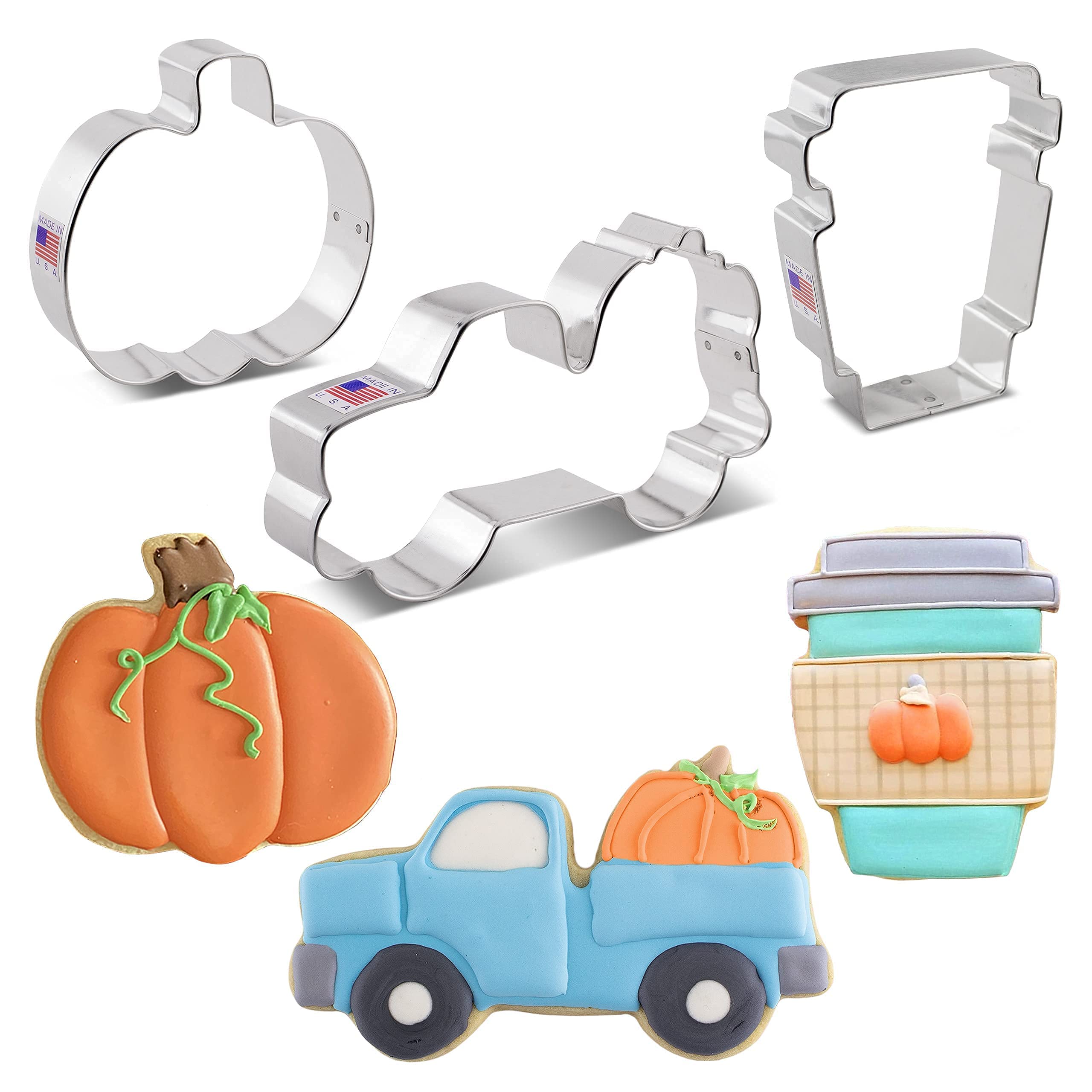 Fall Pumpkin Spice Cookie Cutters 3-Pc Set Made in the USA by Ann Clark, Pumpkin, Harvest Truck with Pumpkin, Latte Cup