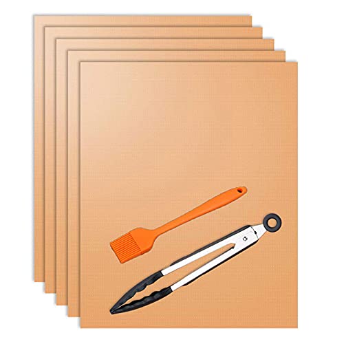 Copper Oven Liners 5 Set Removable Non Stick Oven Mats with Tong and Basting Brush, Easy Clean & Use for Electric,Gas,Microwave,Toaster Ovens Accessories