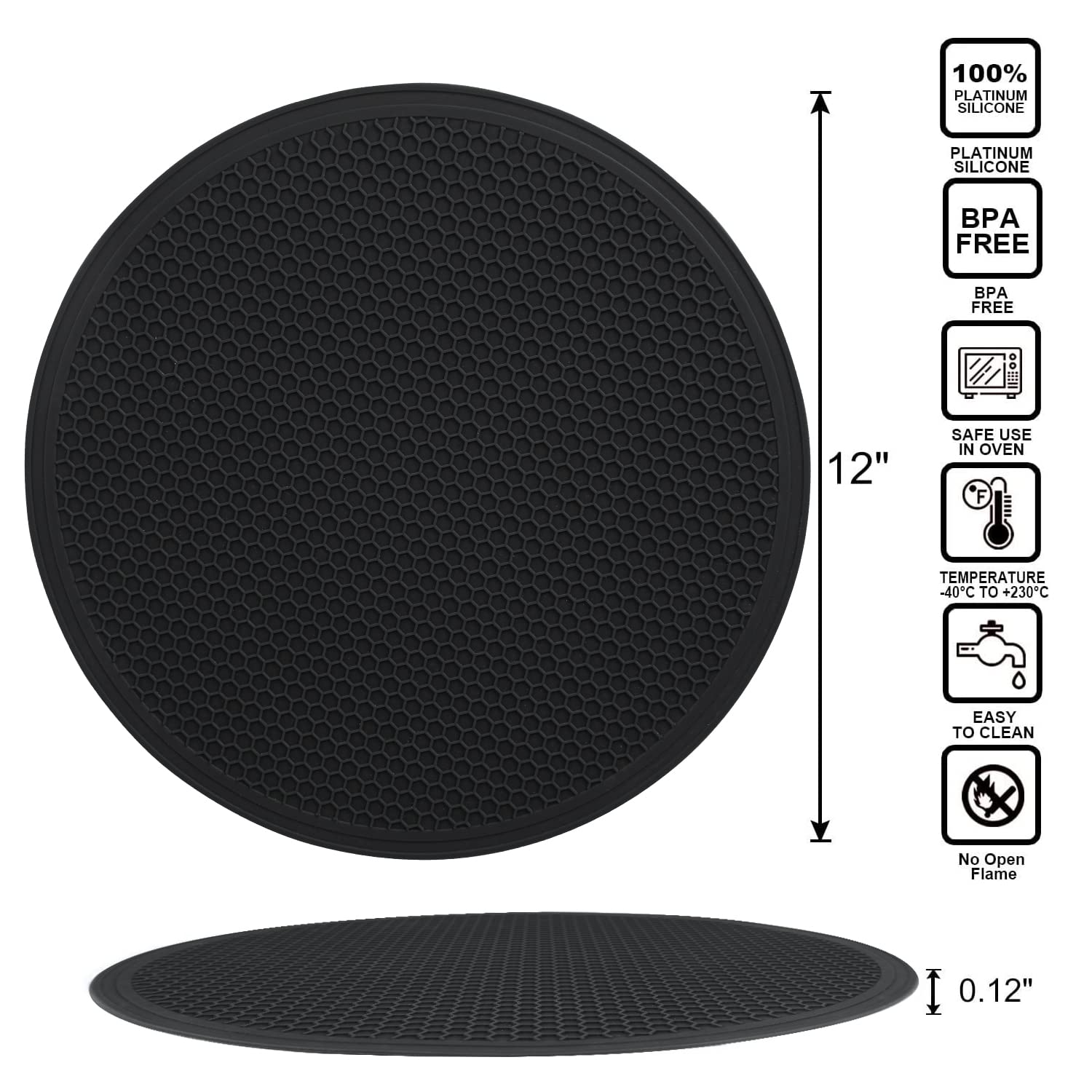 Silicone Microwave Mats, 12" Extra Large Multi-Use Microwave Mat Heat Resistant Silicone Trivet Mat Pot Holders Hot Pads for Kitchen, Silicone Cover Pad for Microwave Oven Hot Pot Pans, Black 2Pack