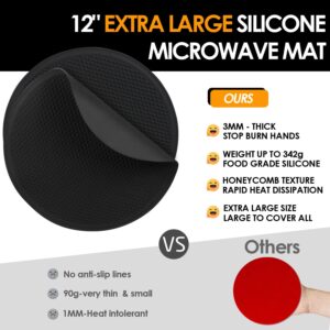 Silicone Microwave Mats, 12" Extra Large Multi-Use Microwave Mat Heat Resistant Silicone Trivet Mat Pot Holders Hot Pads for Kitchen, Silicone Cover Pad for Microwave Oven Hot Pot Pans, Black 2Pack