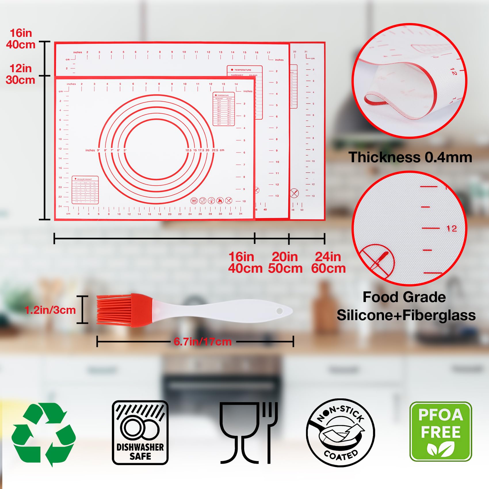 Silicone Pastry Mat 2 Pack Non Stick Baking Mat with Measuremenst 16" x 12" Small Non Slip Silicone Baking Mat for Fondant/Rolling Dough/Pie Crust/Cookies/Pizza/Bread BPA Free Kneading Mat