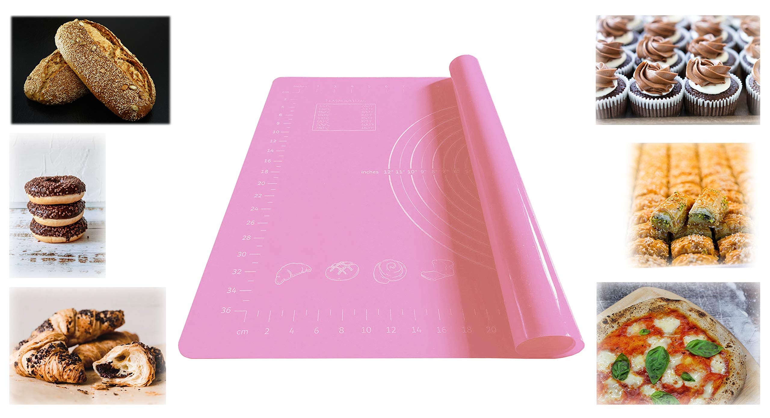 Pink Silicone Baking Mat Pastry Mat For Rolling Out Dough Pastry Pie Crust and Fondant Nonstick Thick Large 25” X 18” With Measurement, BPA Free Non stick Non Slip and Easy to Clean Reusable