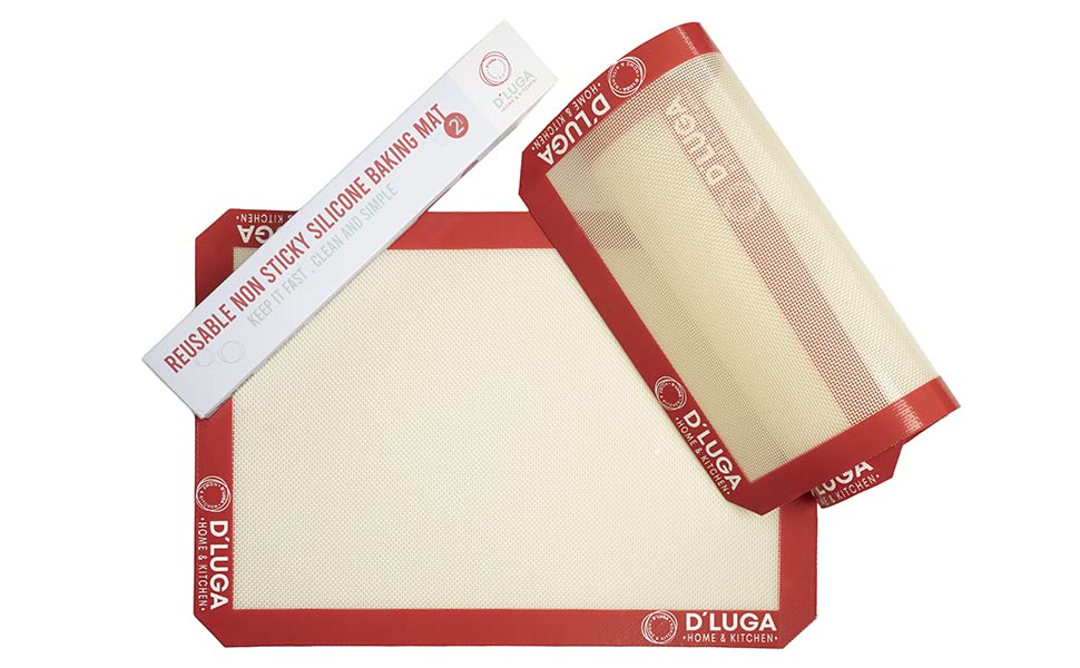 D'Luga 2-pack Non-Stick Silicone Baking Mat, Reusable Heat-Resistant Liner for Baking Pans and Cookies, Easy & Convenient, 16.5"x11.6" size, No oil Greasing Needed, Food-Grade Quality.