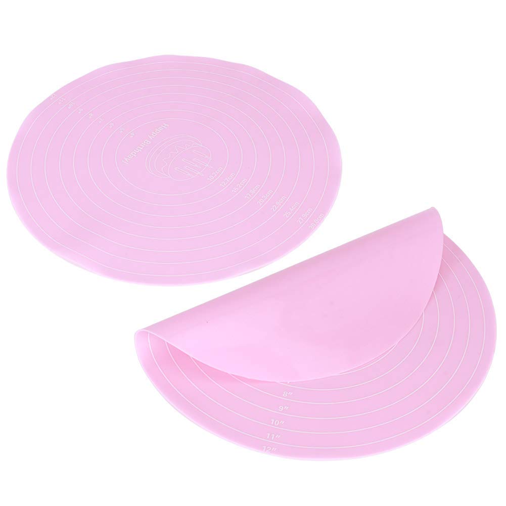 4PCS Silicone Baking Mats, Round Silicon Baking Mat with Measurements Non-slip Pastry Mat Non-stick Heat Resistant Cake Mat for Cake Turntable Stand Reusable Silicone Mat for Baking Pan, Pink