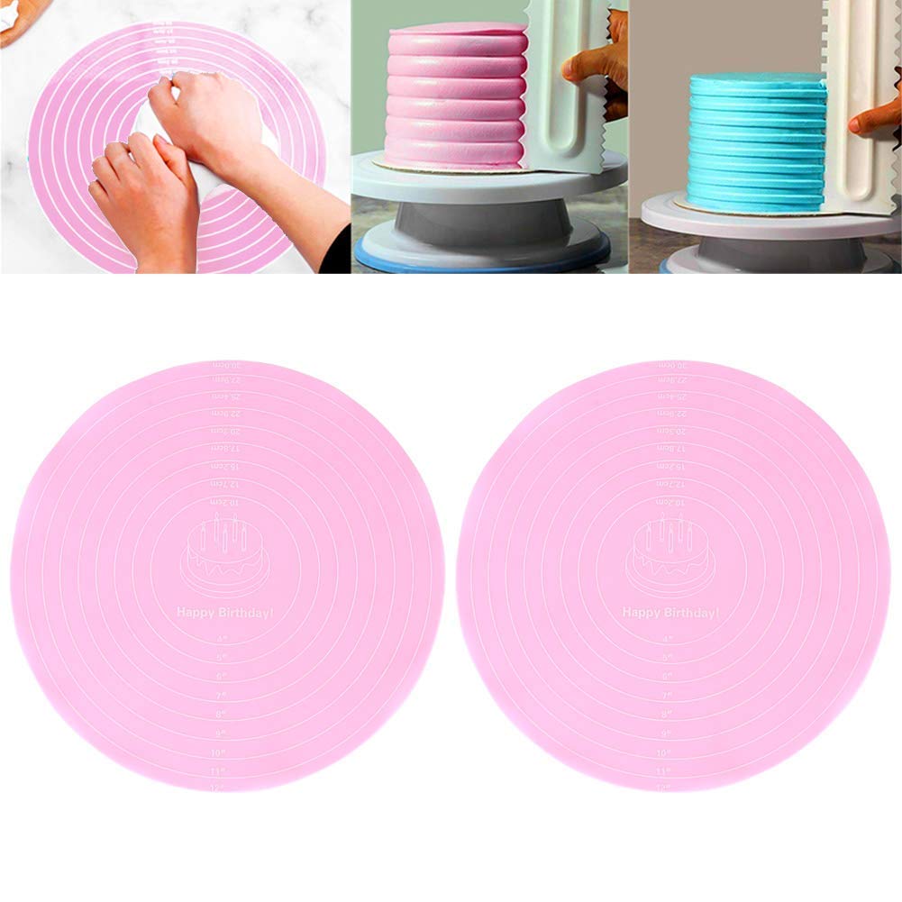 4PCS Silicone Baking Mats, Round Silicon Baking Mat with Measurements Non-slip Pastry Mat Non-stick Heat Resistant Cake Mat for Cake Turntable Stand Reusable Silicone Mat for Baking Pan, Pink