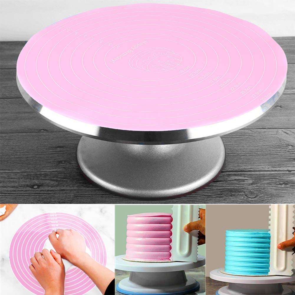 4PCS Silicone Baking Mats, Round Silicon Baking Mat with Measurements Non-slip Pastry Mat Non-stick Heat Resistant Cake Mat for Cake Turntable Stand Reusable Silicone Mat for Baking Pan, Pink